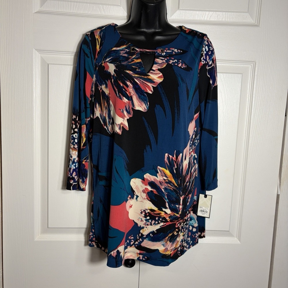 Dana Buchman Large Abstract Floral Shirt Women S Blue Pink Keyhole Neck Tunic